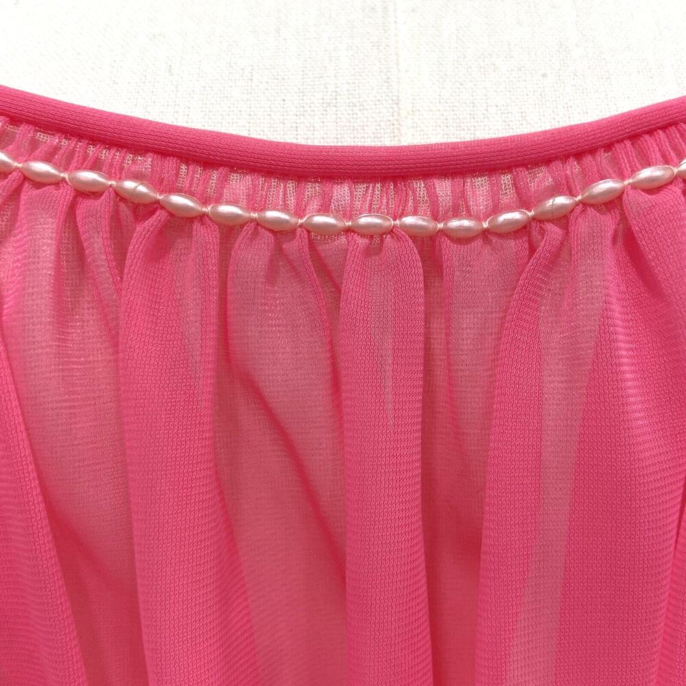 Vintage 50s Bubblegum Pink Nylon Chiffon Pearl Trim Babydoll Nightie Set Size M - Picture 7 of 16